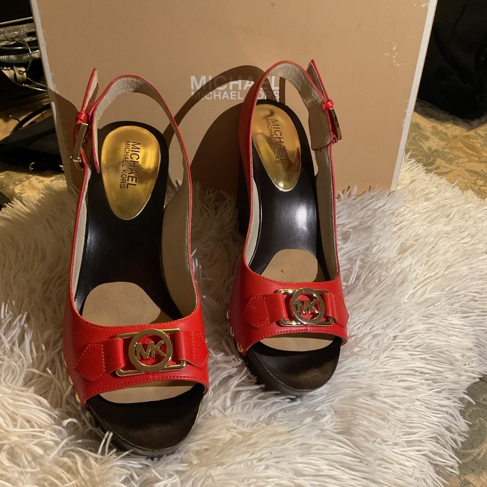 Michael Kors Red Slingback Heels with Gold Accents